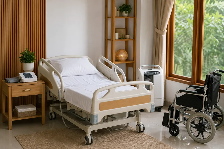 Kamar tidur rumah dengan bed pasien elektrik, kursi roda, dan konsentrator oksigen