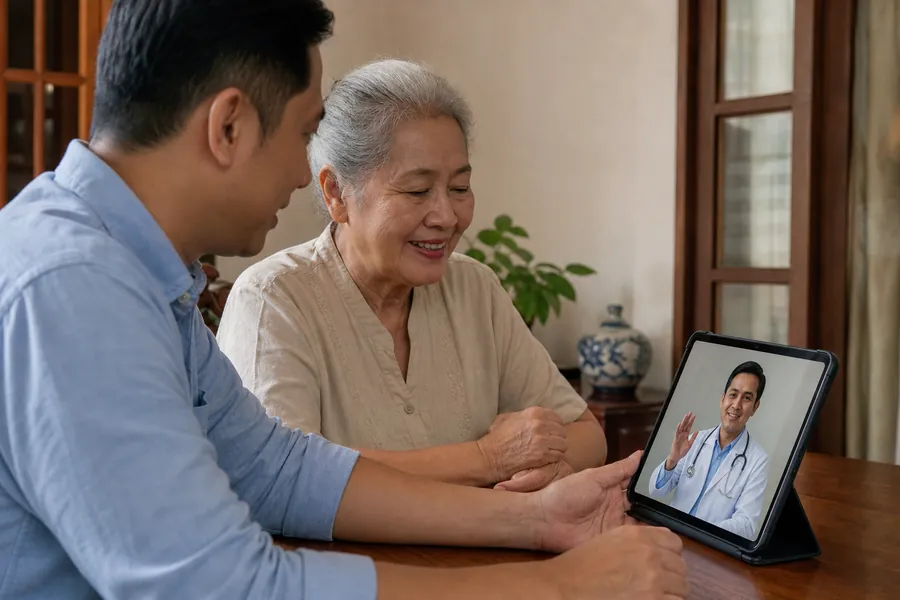 Seorang ibu lansia dan putranya berkonsultasi dengan dokter lewat video di tablet
