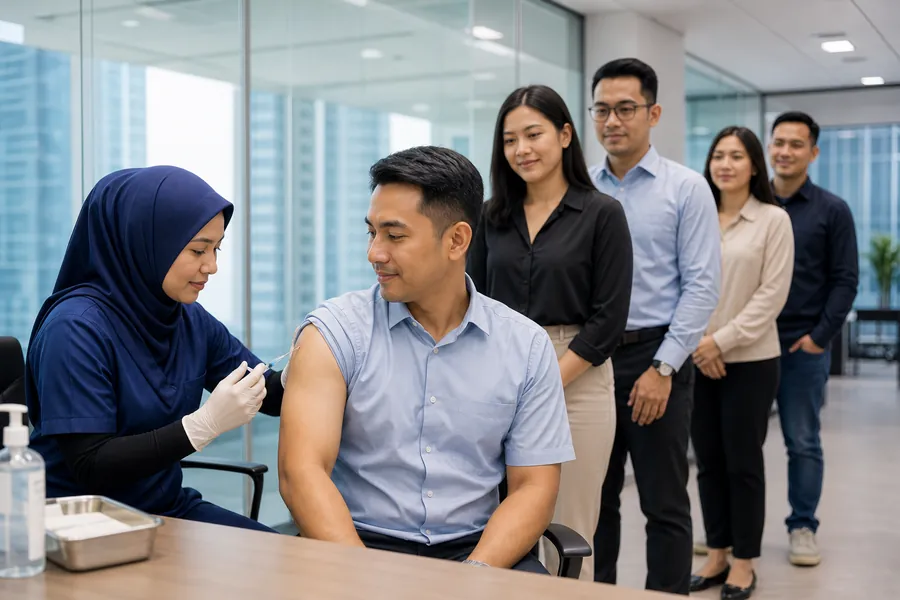 Perawat memberikan vaksinasi kepada karyawan di ruang rapat kantor